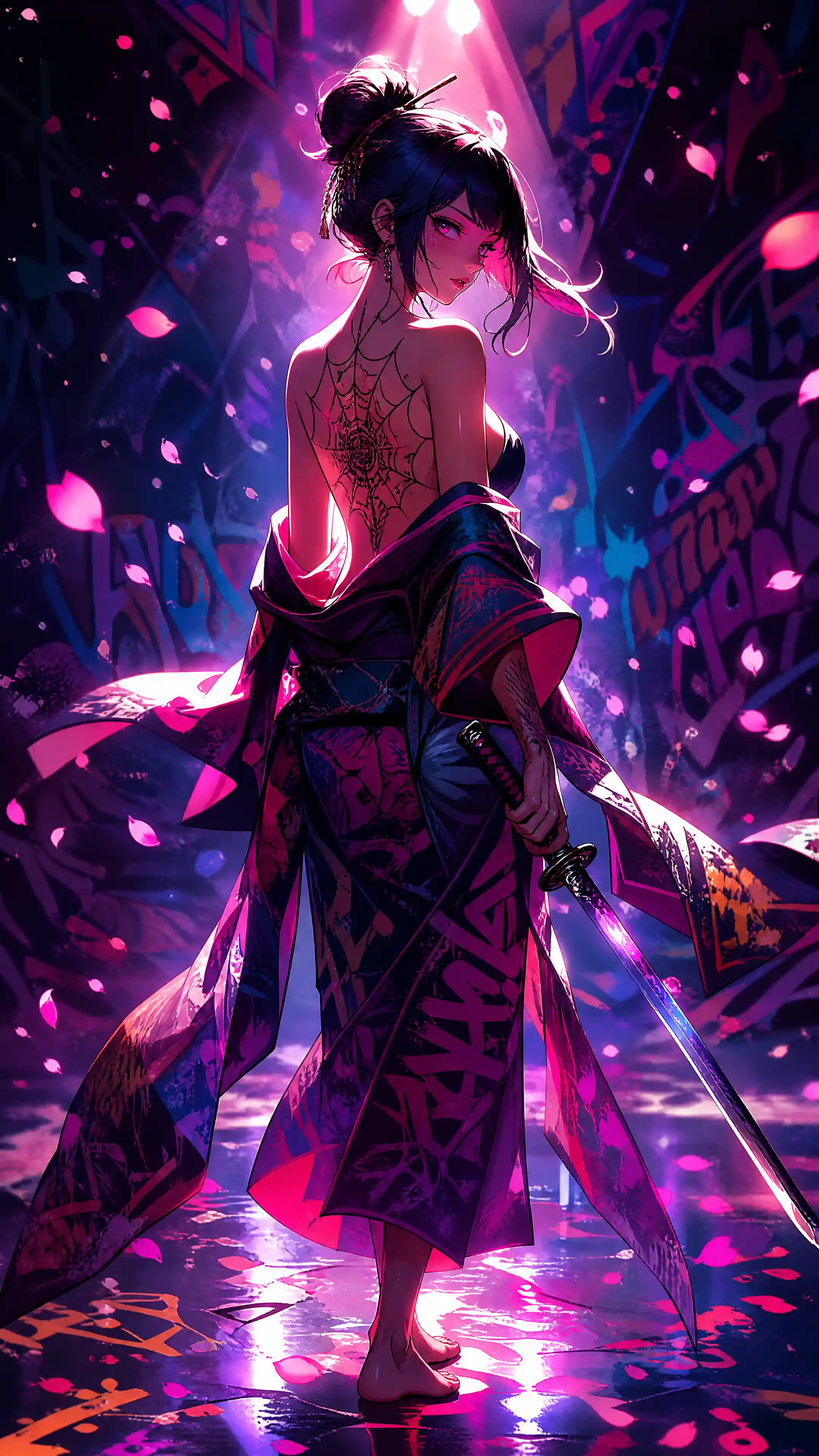 Female warrior with katana seen from above in stylized light