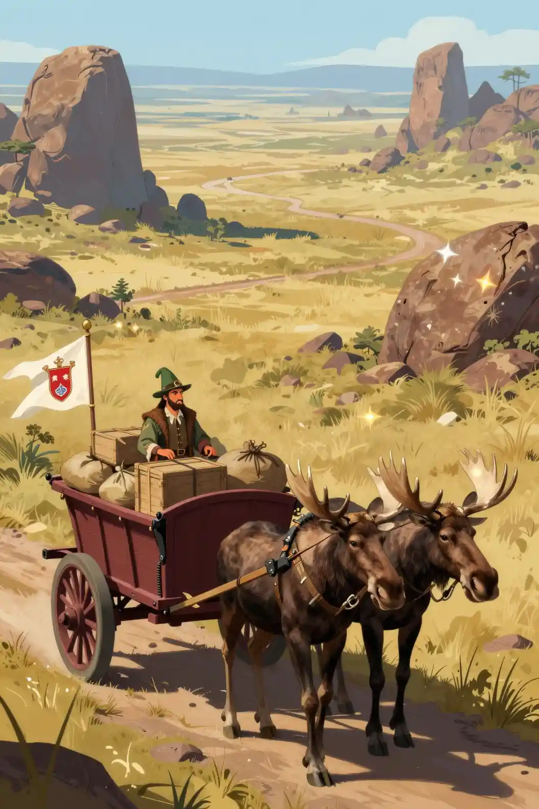 Merchant cart pulled by moose in a vast savanna