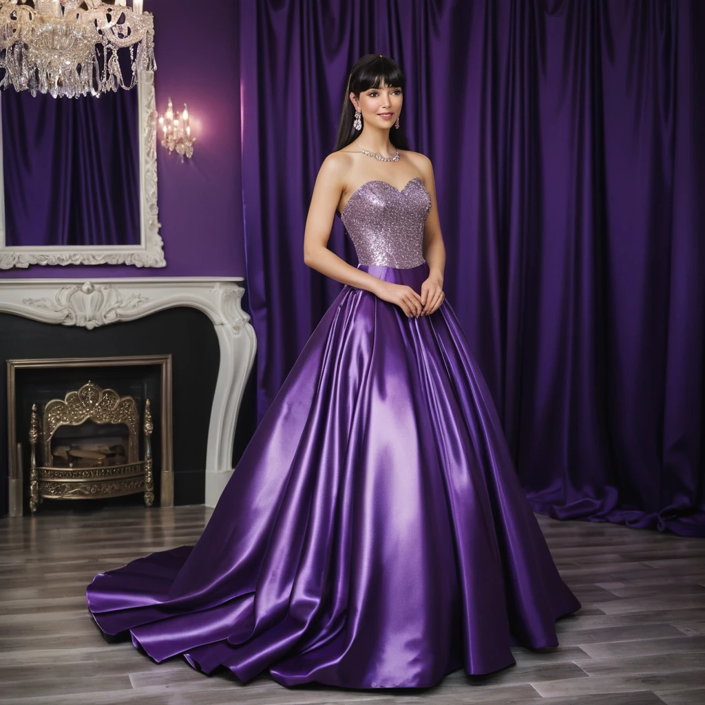 Giovane donna in abito da ballo di raso viola reale in interno