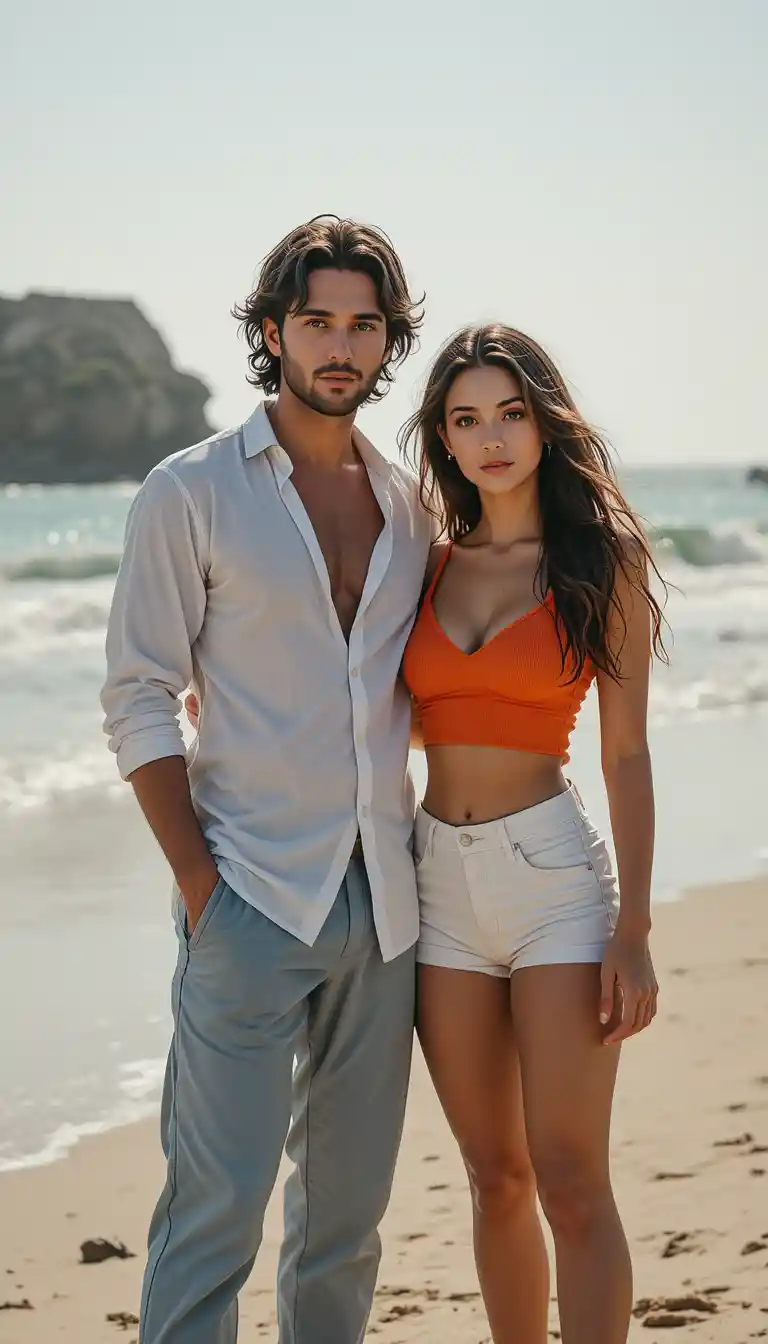 Stylish couple standing close together on a sunny beach