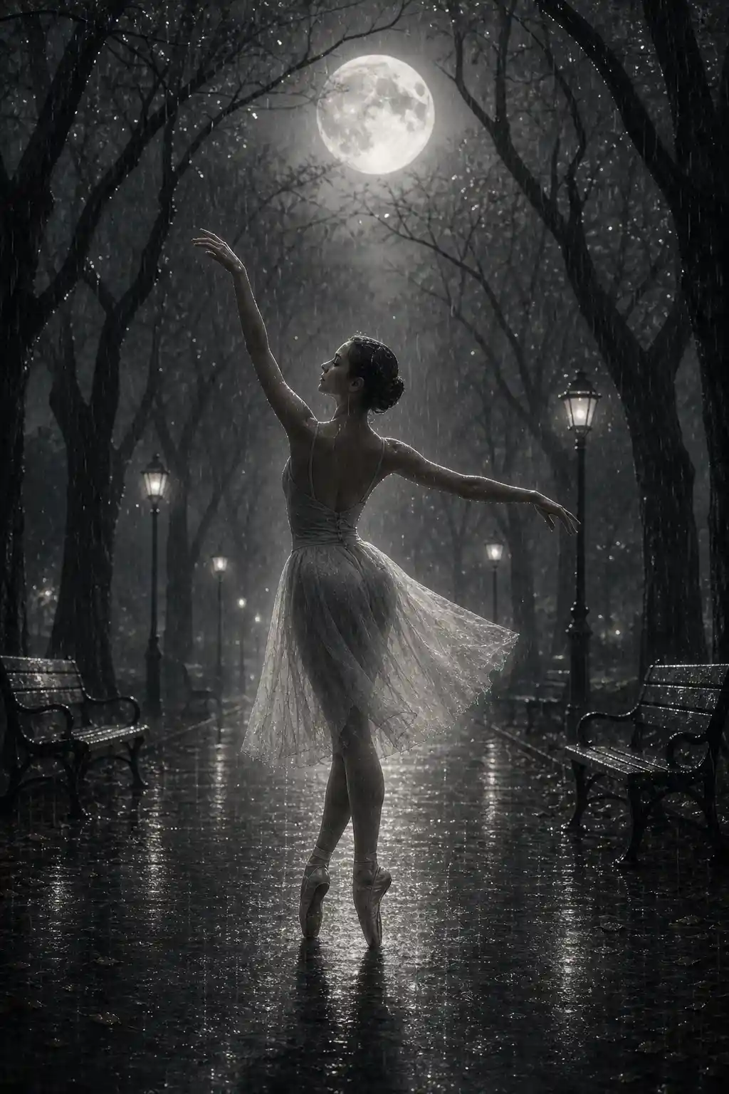 Ballerina Dancing In The Rain Under A Luminous Full Moon
