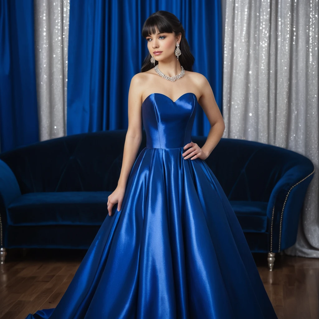 Elegant woman in royal blue satin gown indoors