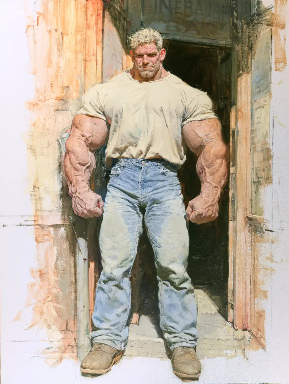 Massively muscular man in casual clothes outside city bar