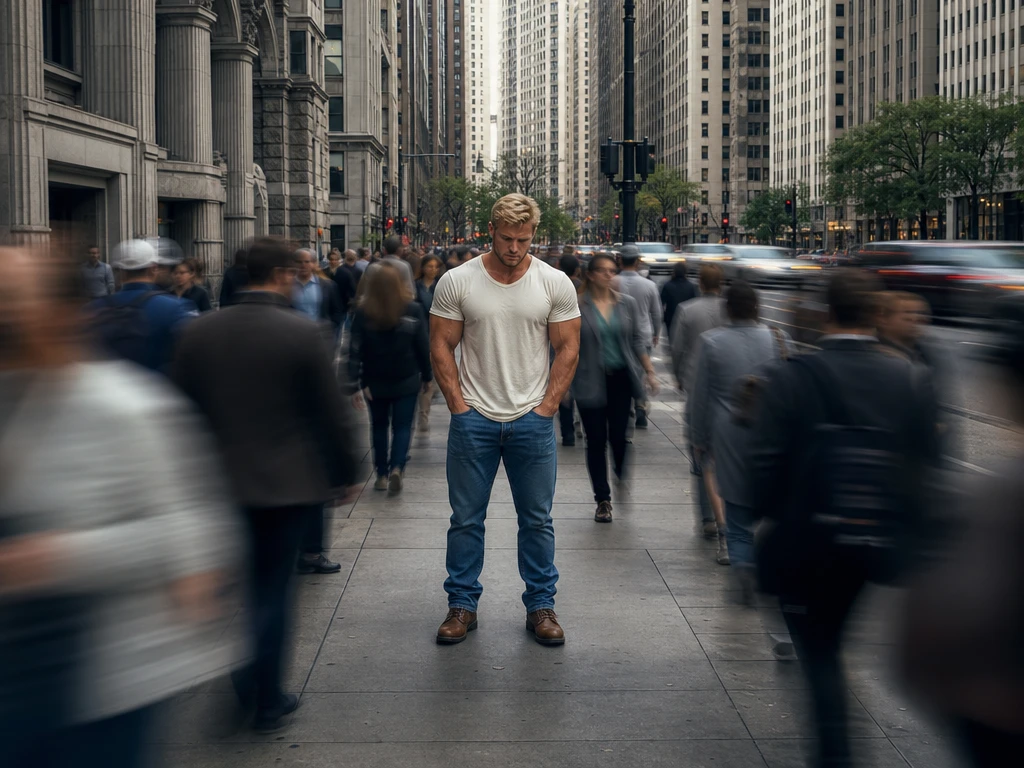 Lonely muscular man standing still on crowded city sidewalk
