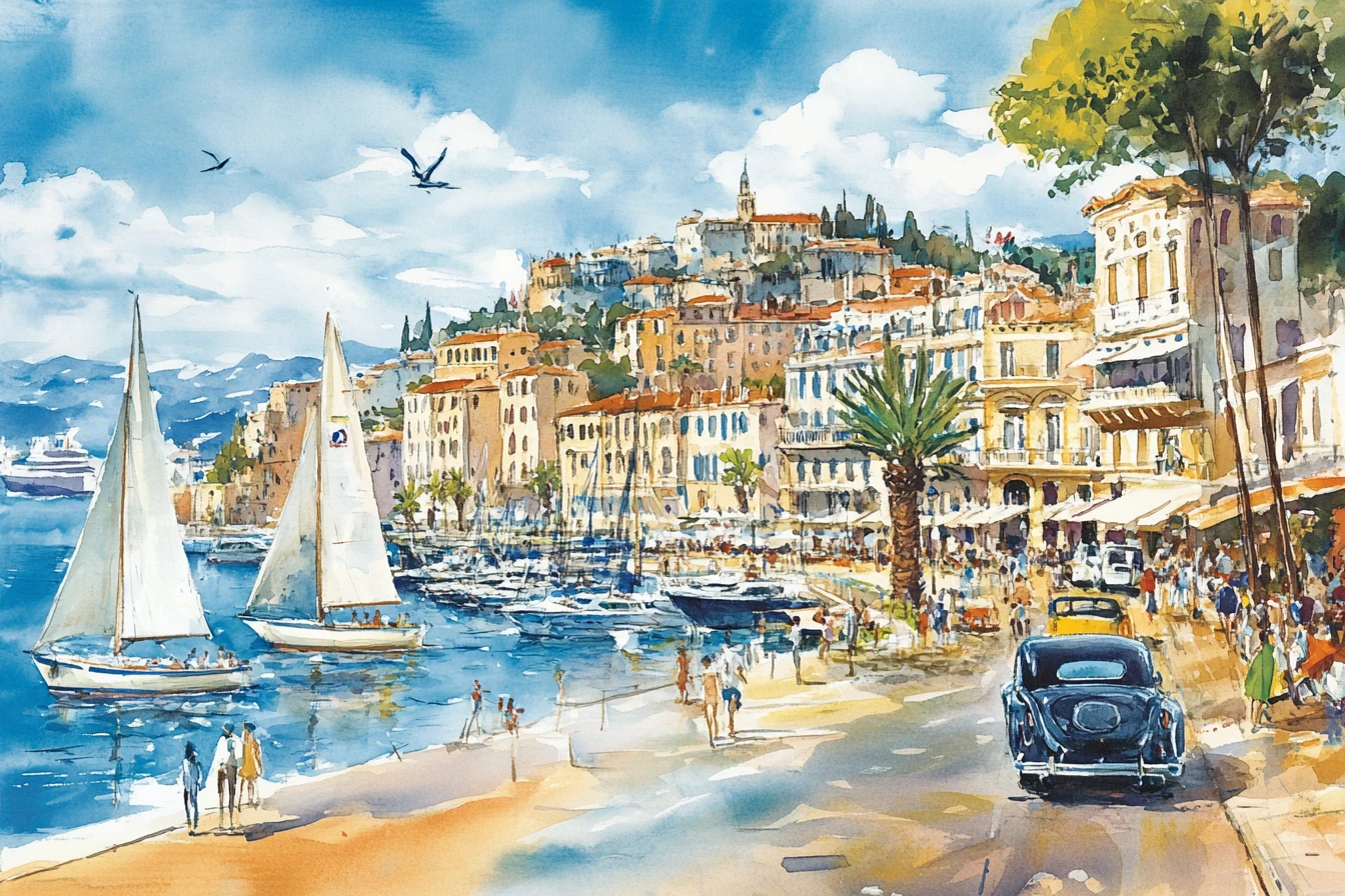 Watercolor view of Cannes harbor street with cars and boats
