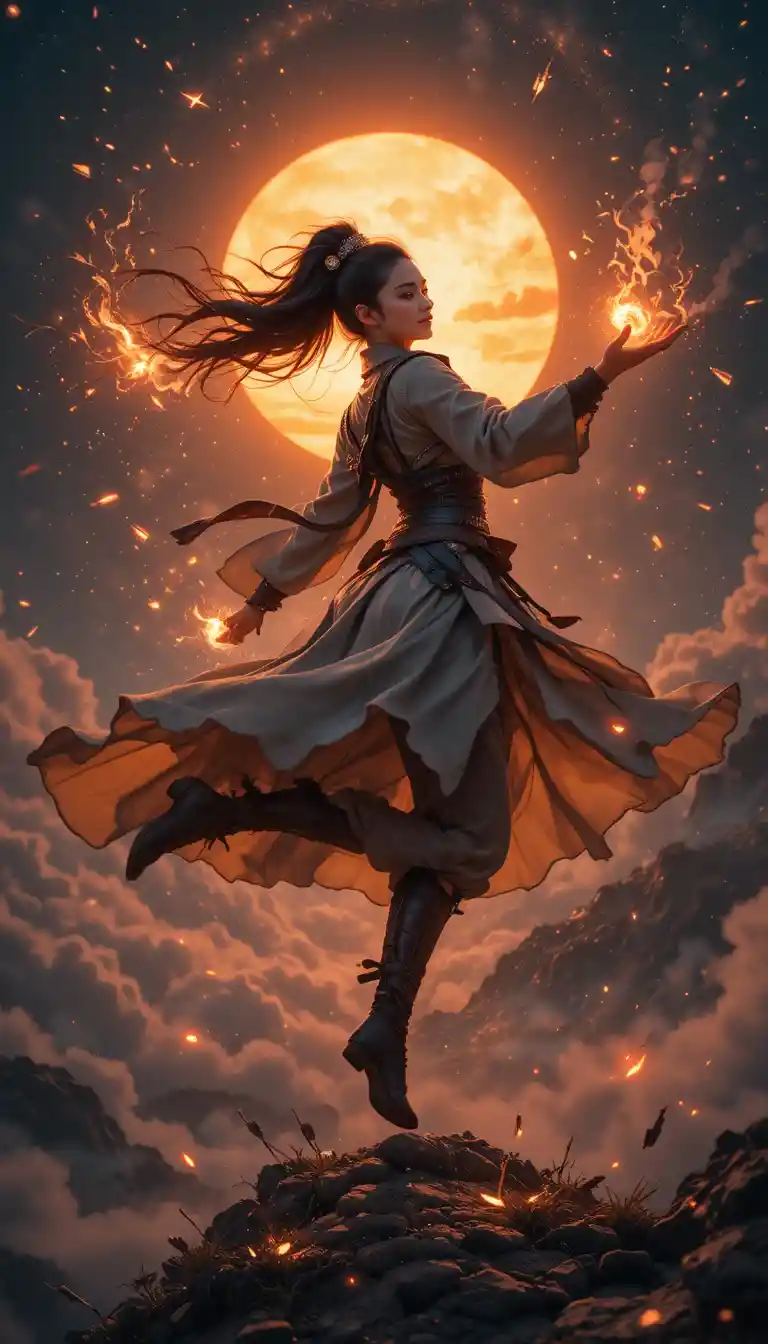 Samurai inspired woman leaping through glowing fantasy space