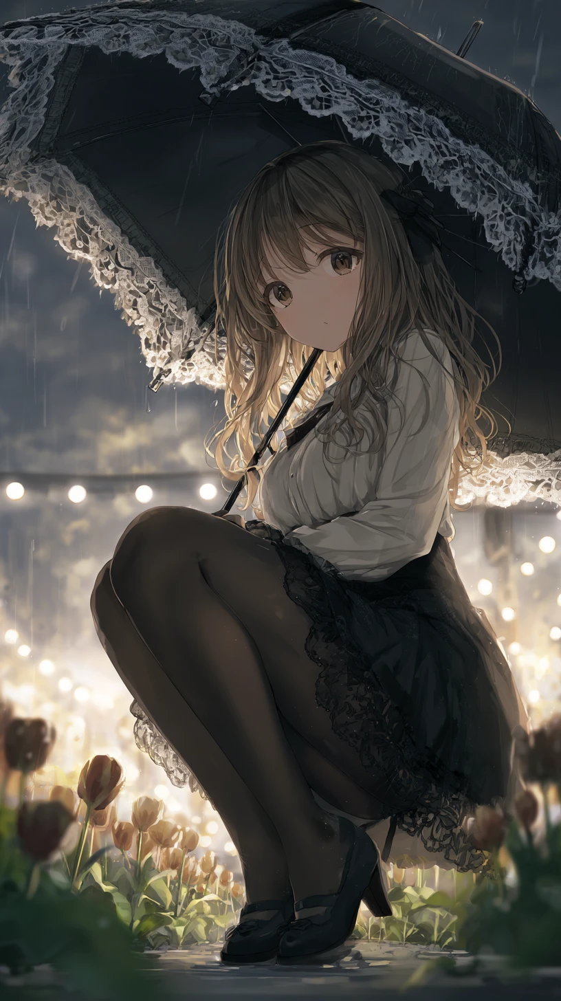 Anime girl sitting in a tulip garden at night