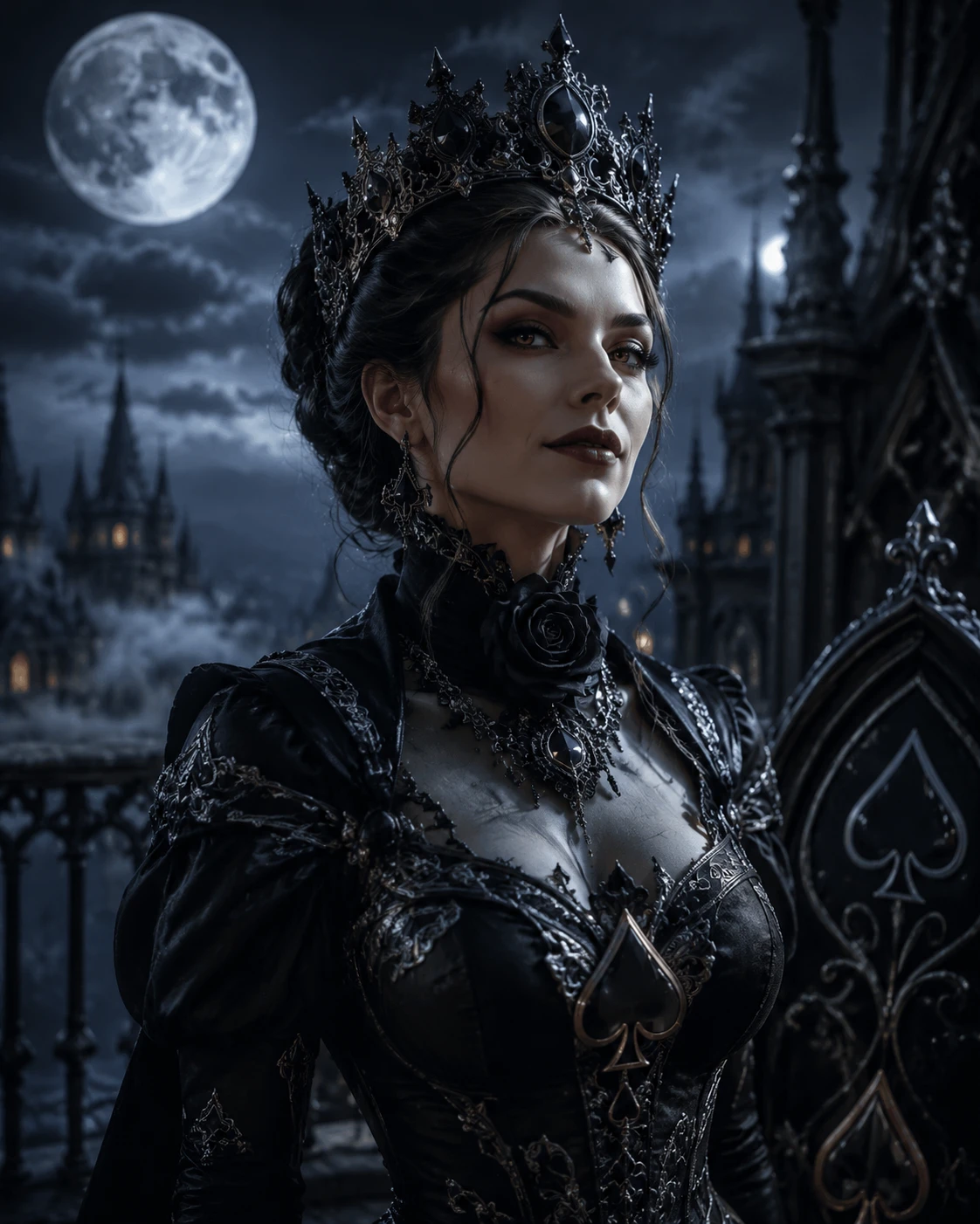 Gothic queen of spades on a moonlit palace balcony
