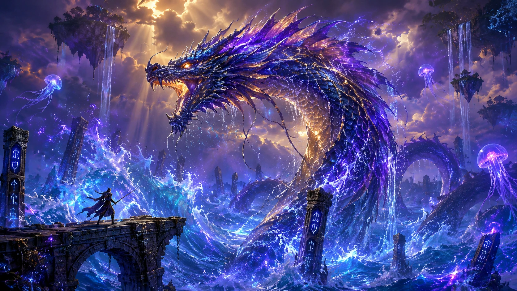 Sea dragon rising from luminous waves at twilight