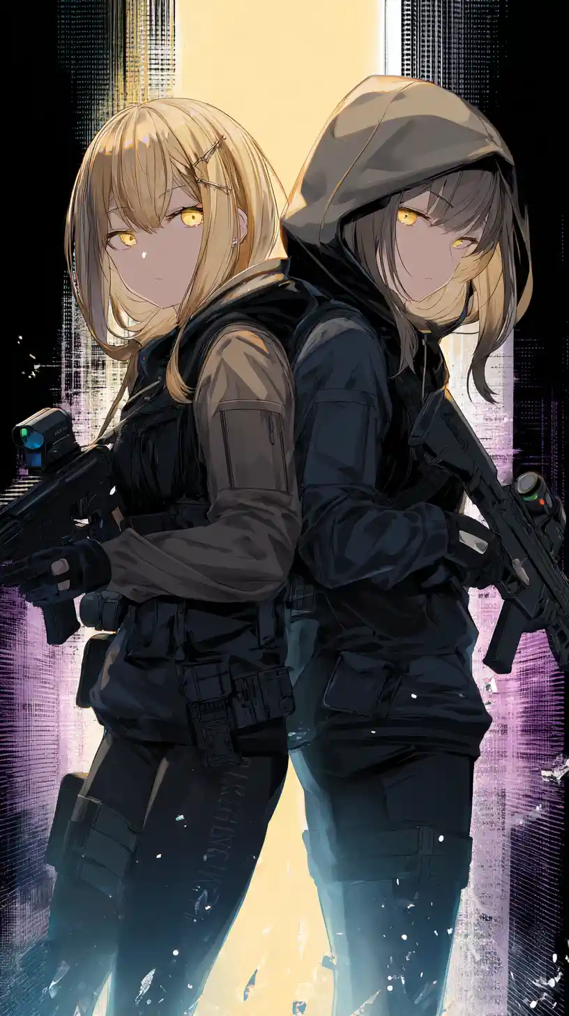 Anime girl aiming submachine gun in dynamic worm eye view