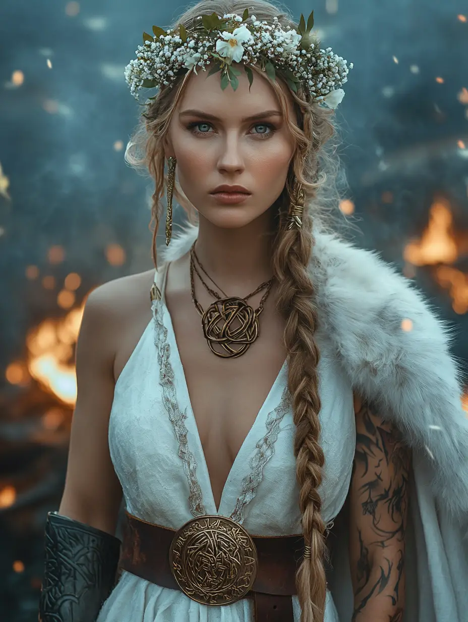 Viking bride goddess in fur cloak by a Nordic fjord