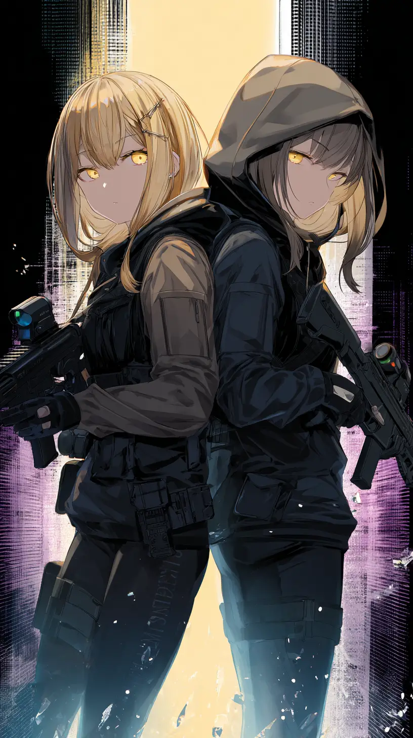 Anime girl aiming submachine gun in dynamic worm eye view