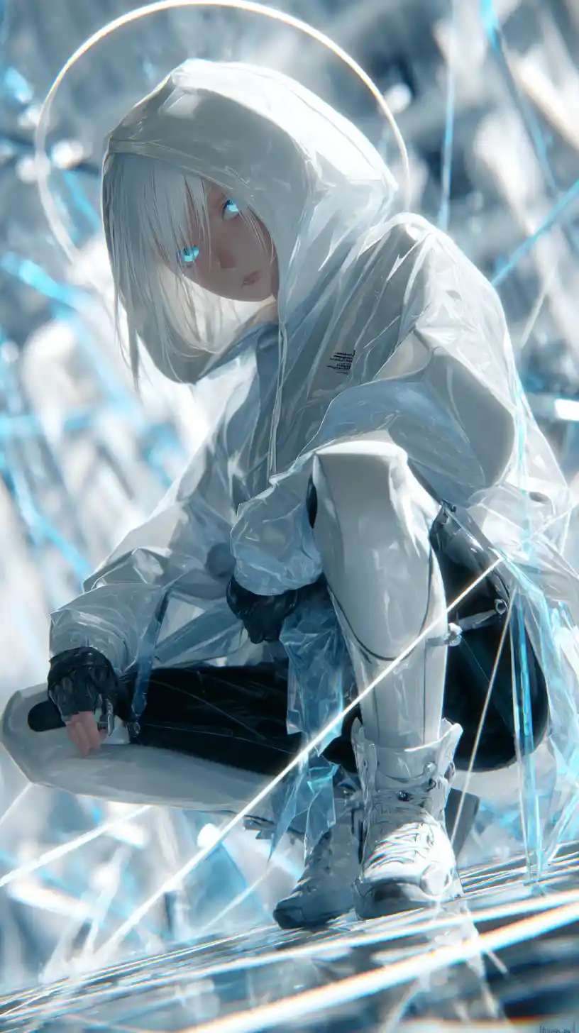 Cybernetic elf girl with laurel crown and glowing blue eyes
