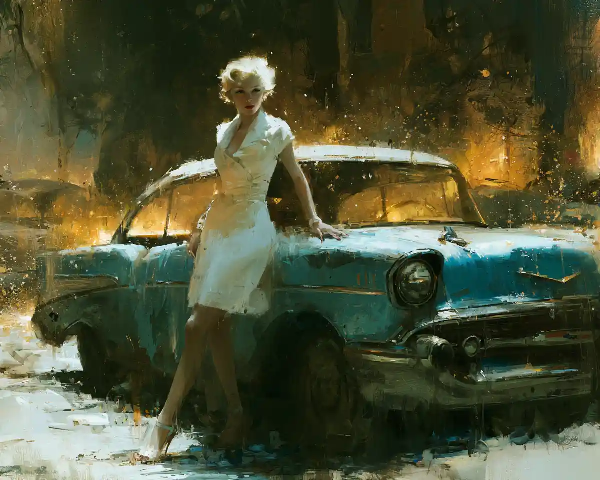 Blondine im weißen Kleid neben einem klassischen Chevy von 1957
