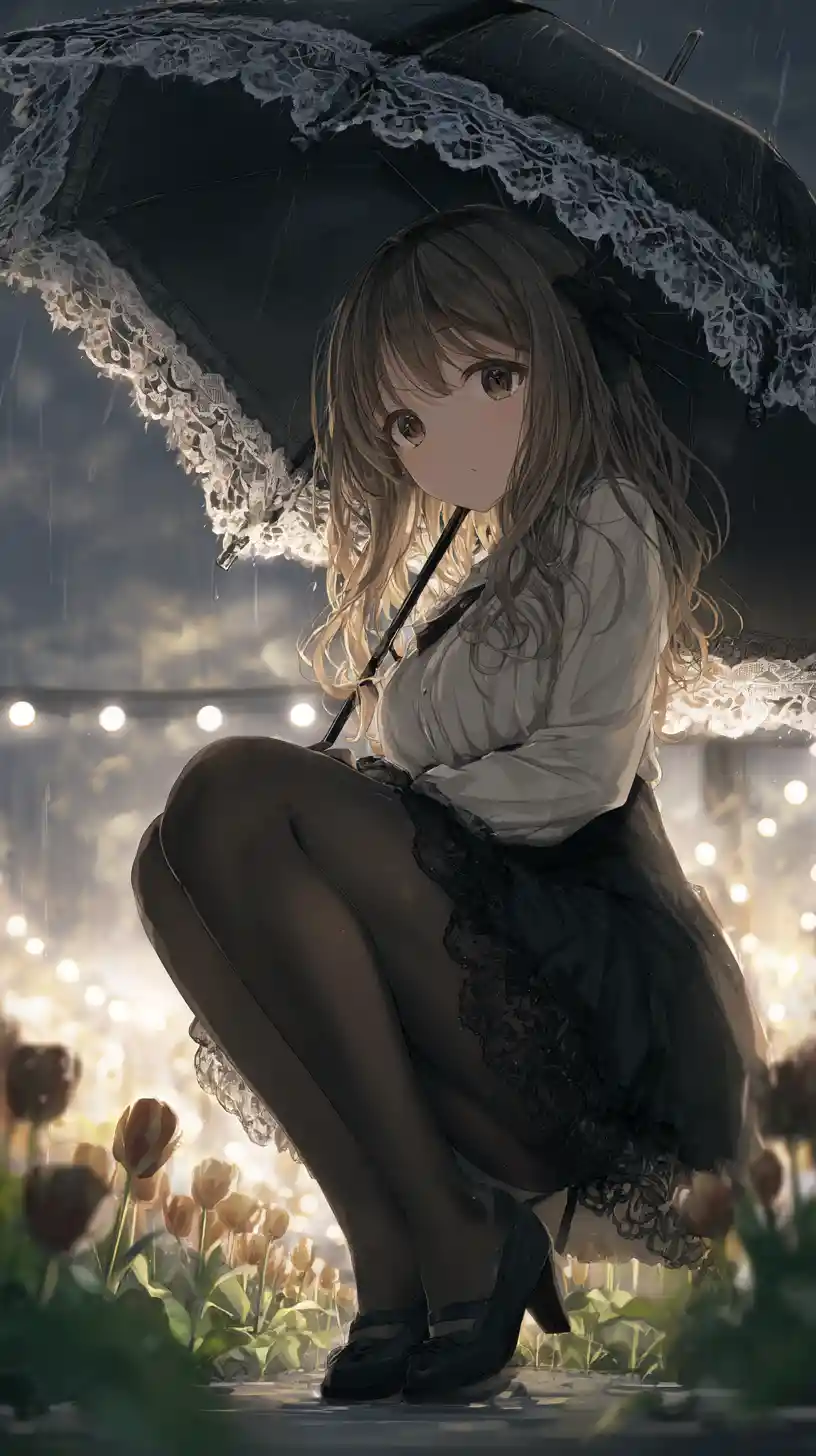 Anime girl sitting in a tulip garden at night