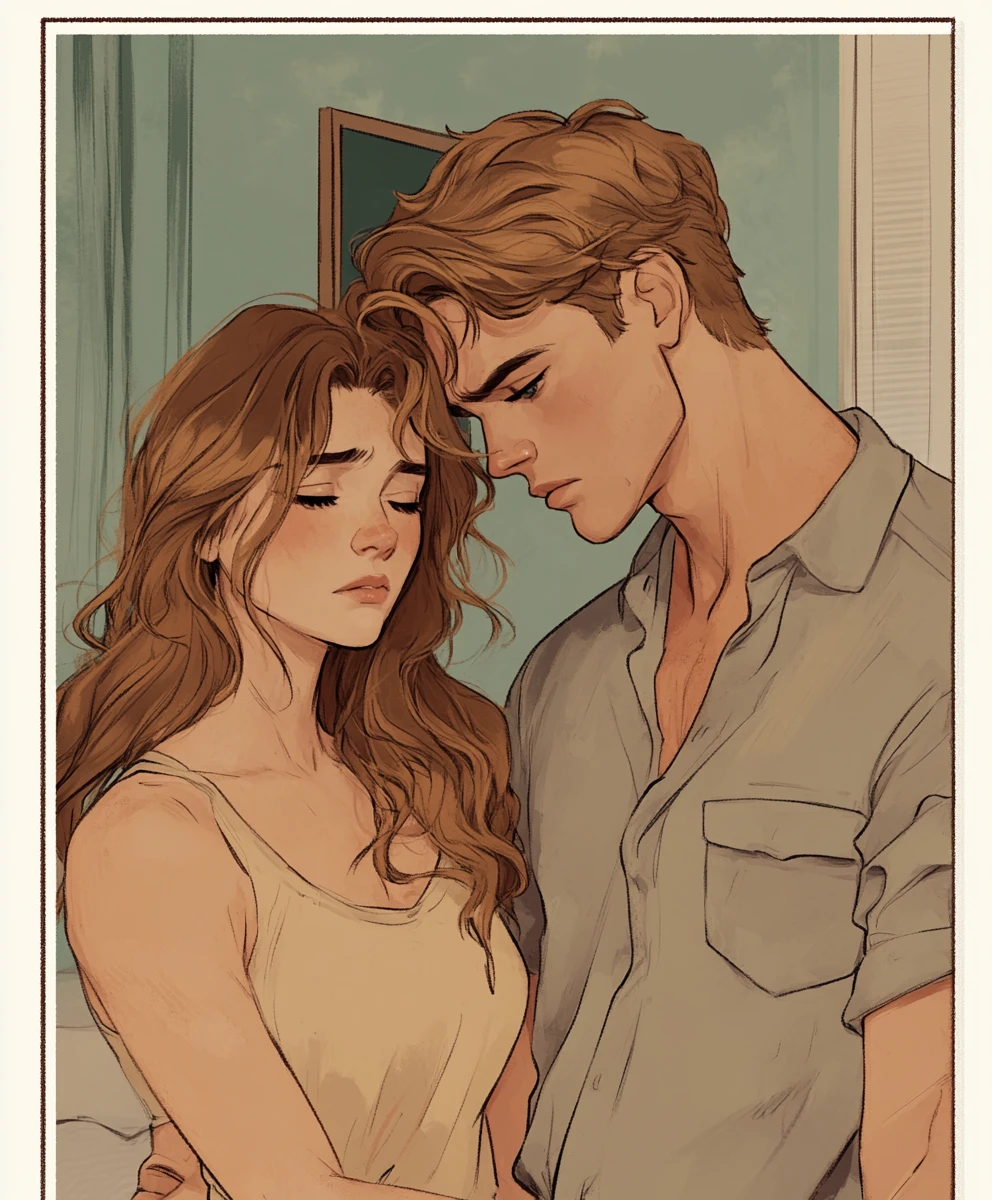 Sad muscular man sitting with woman in bedroom