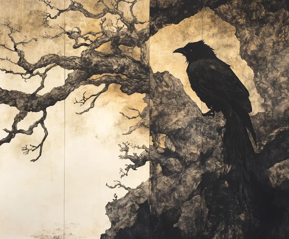 Sepia ink painting with weathered atmospheric brushwork