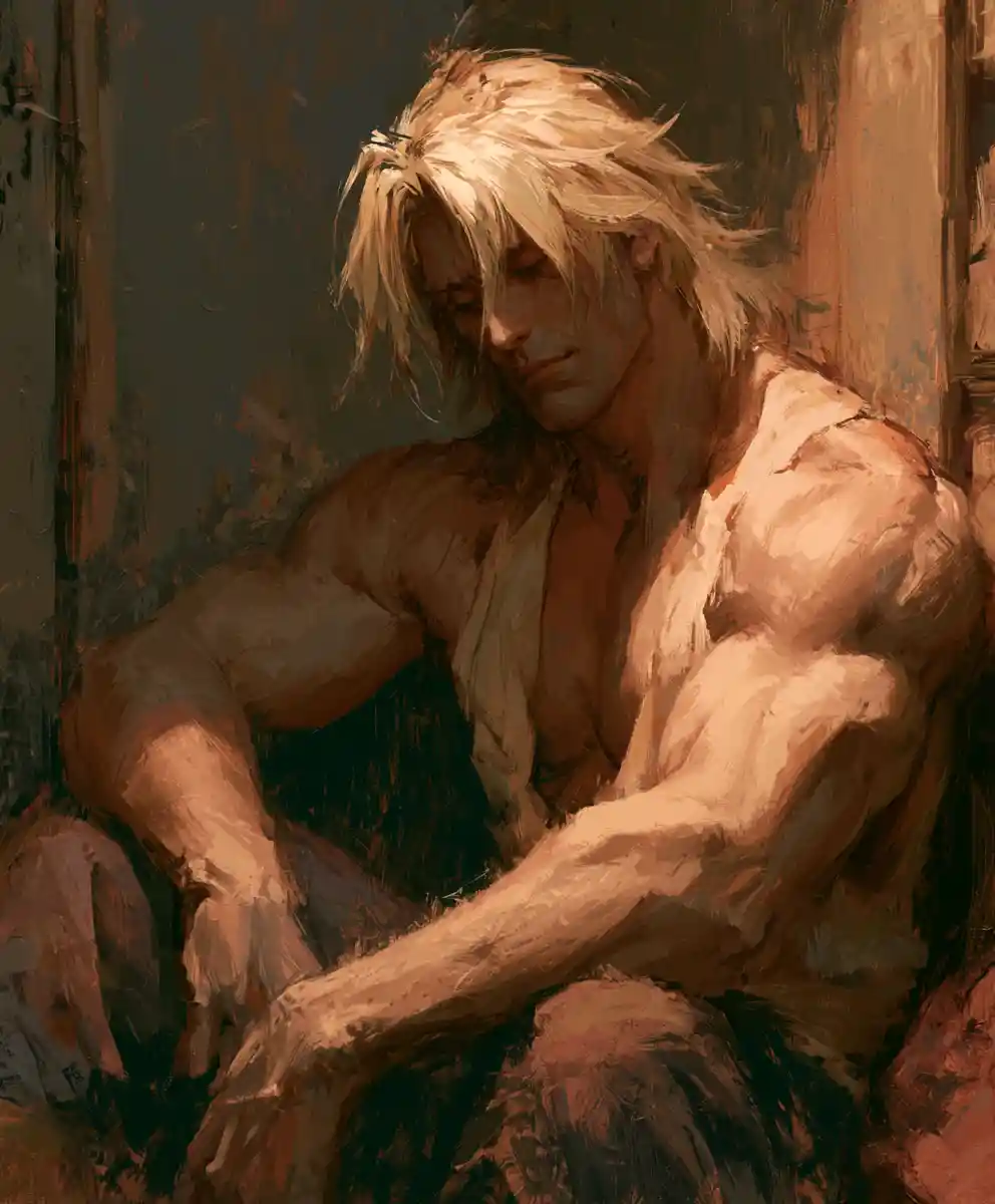 Muscular blond man alone in a quiet, sorrowful place