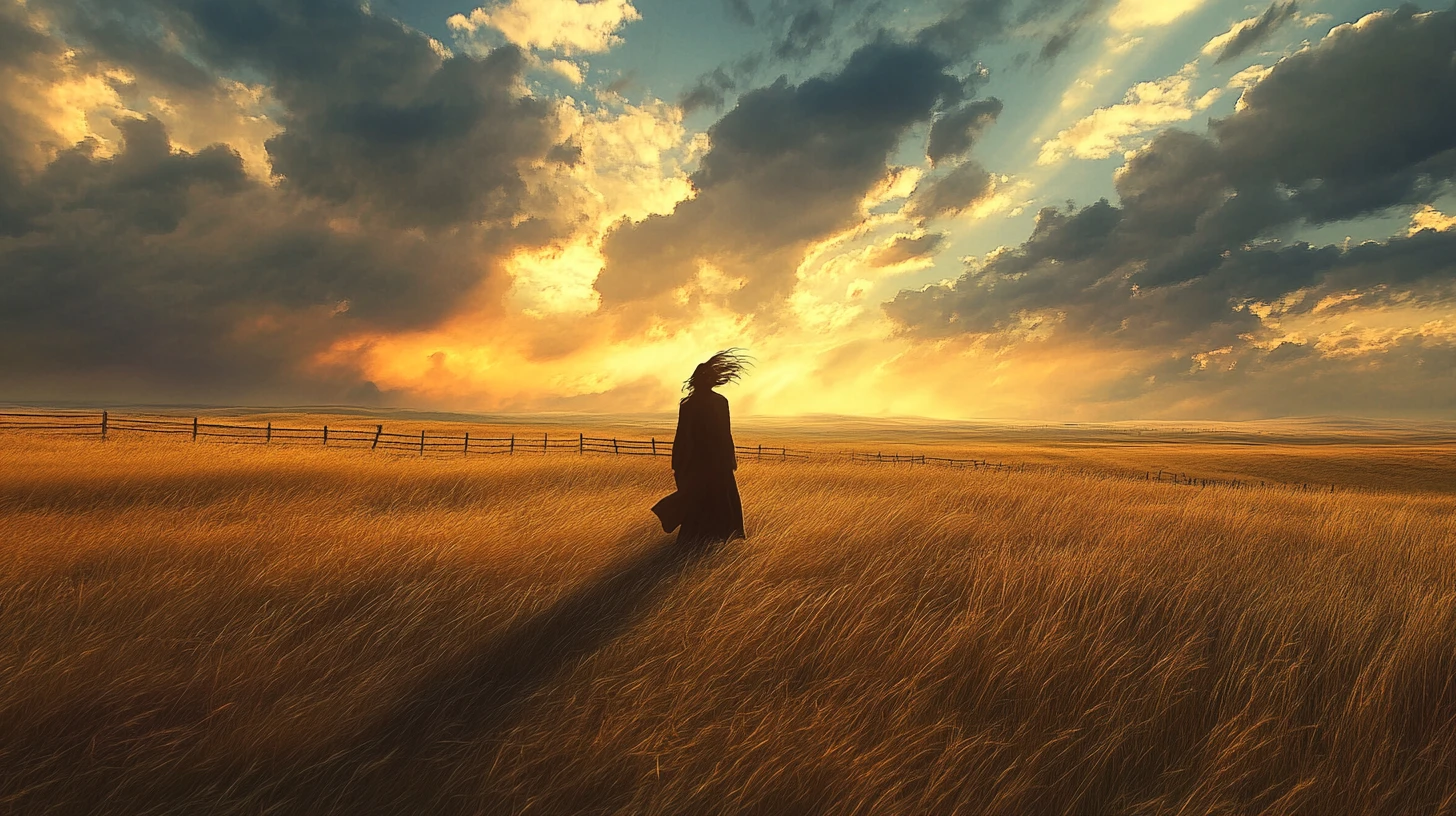 Woman on windswept prairie beneath vast dramatic sky