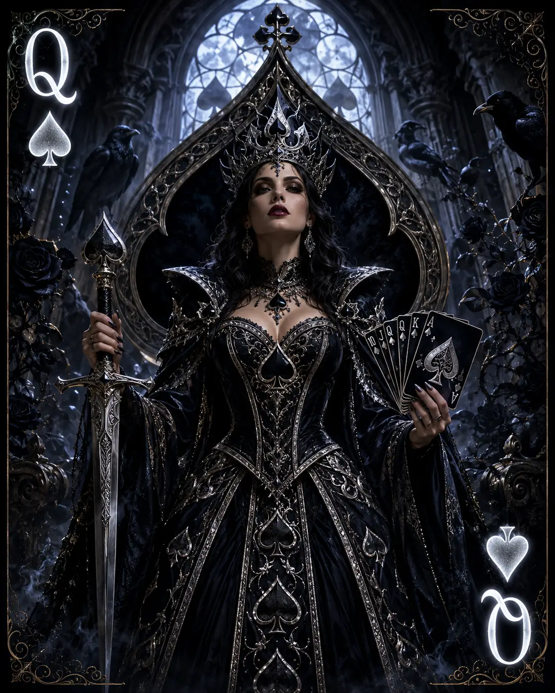 Gothic queen of spades on a throne with sword and cards