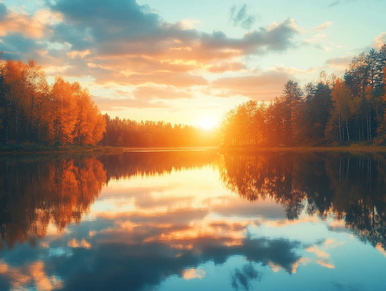 Tranquil autumn lake landscape at sunset with reflections