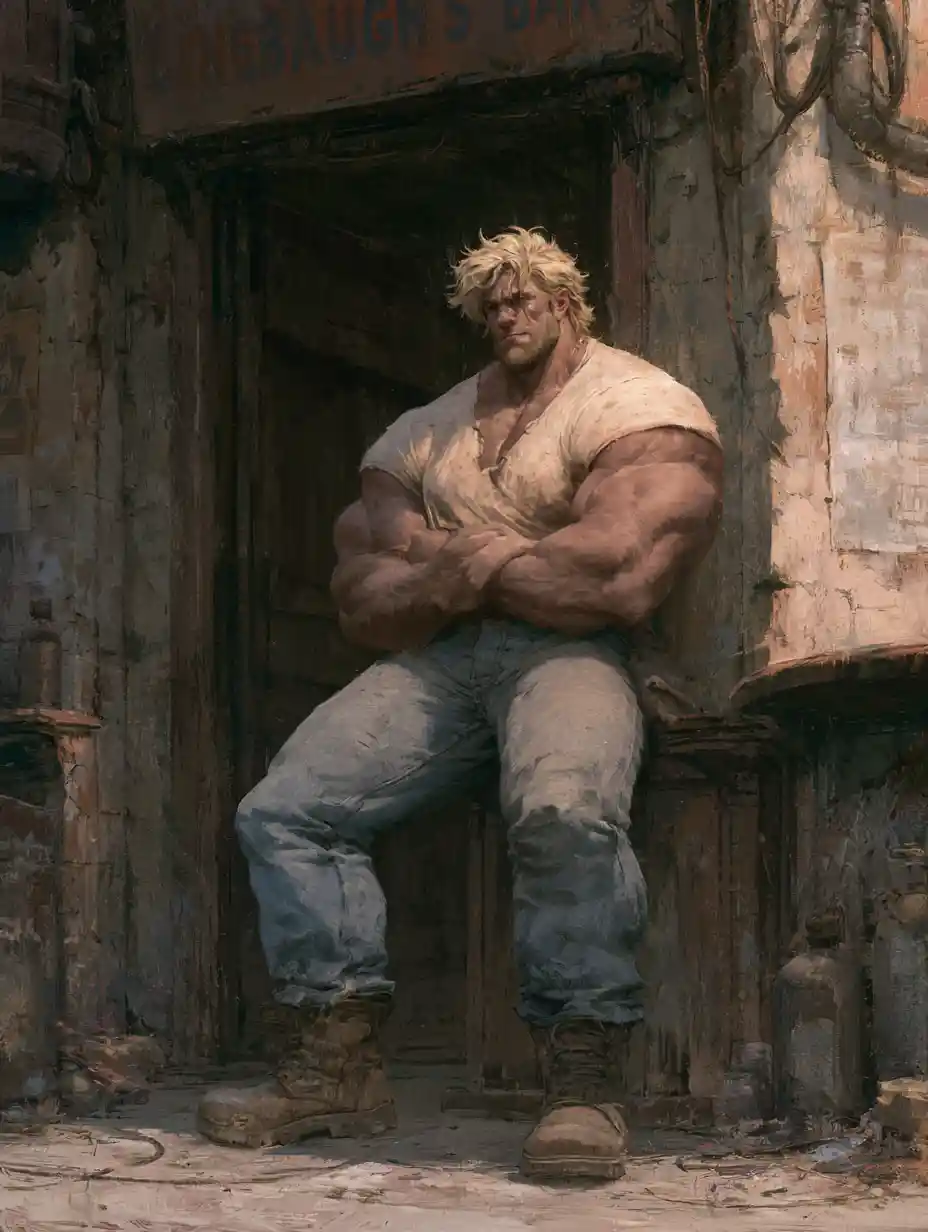 Massive blond man outside a seedy city bar at night