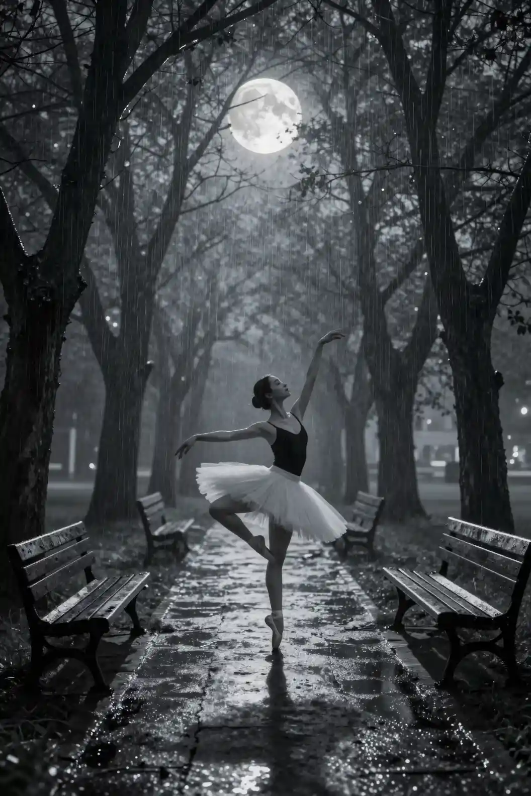 Ballerina dancing in the rain under a glowing full moon