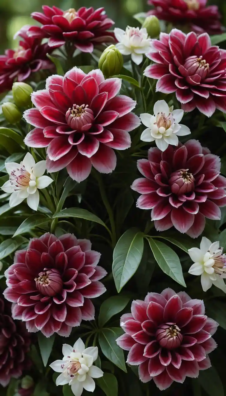 Macro close up of intricate tropical flowers in foliage