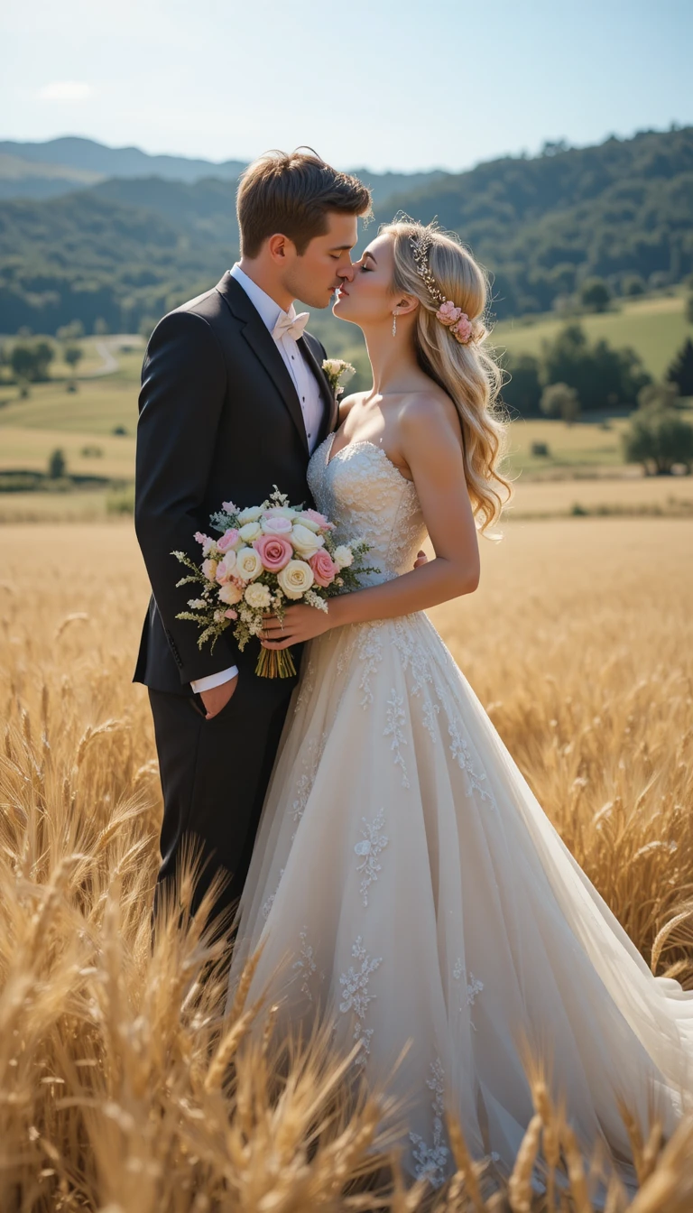 Newlywed couple kissing in a golden wheat field