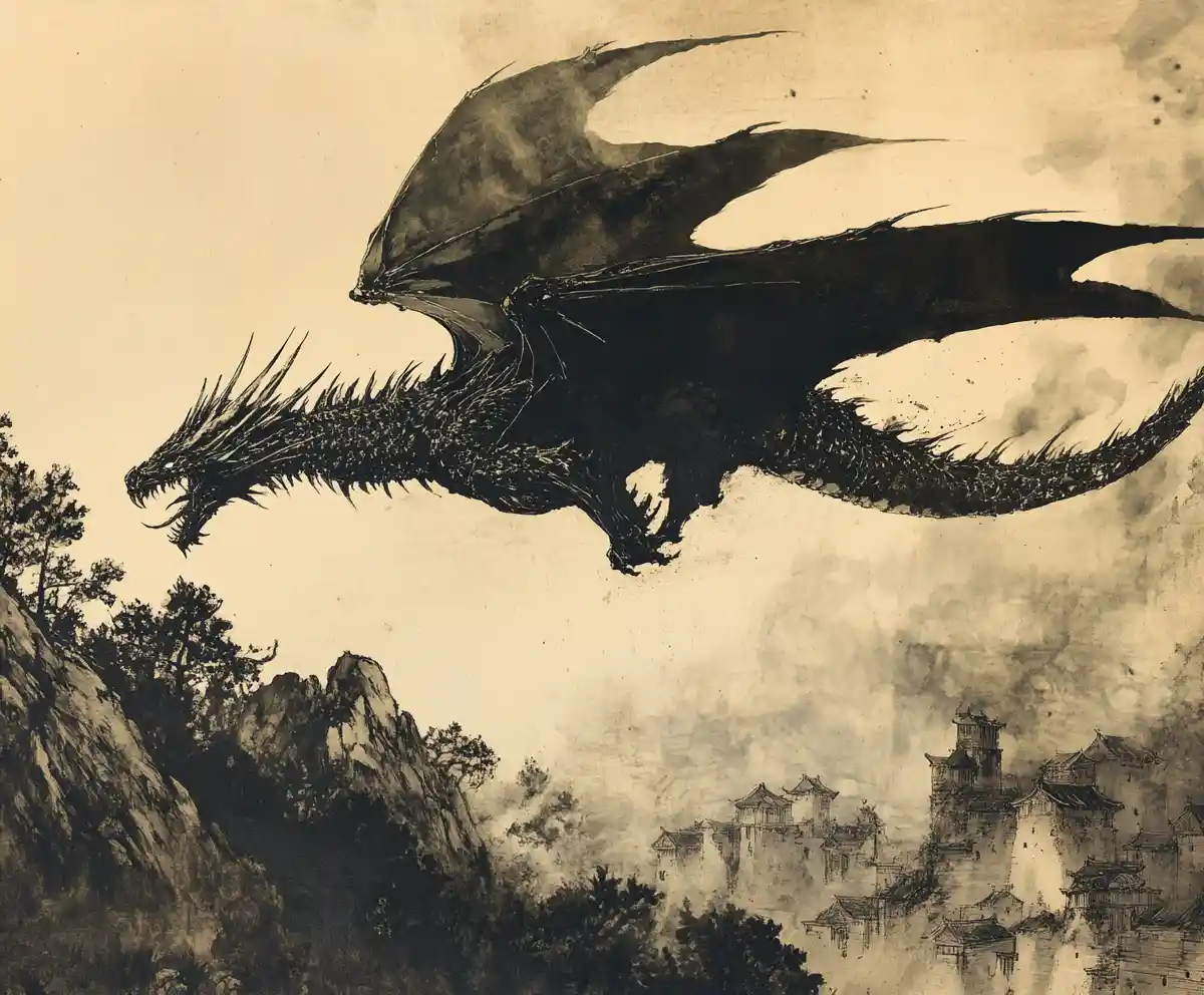 Dragon soaring above a distant medieval village in ink tones
