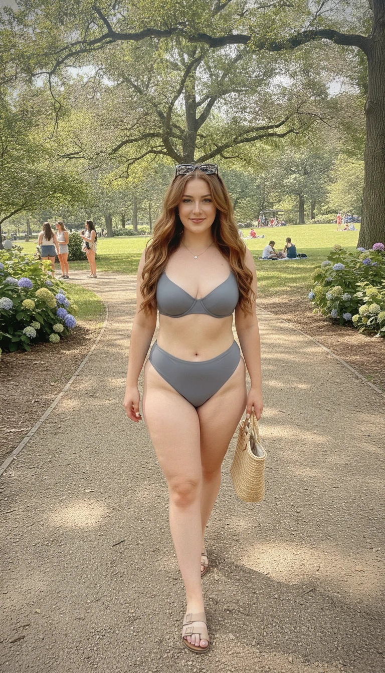 Curvy young woman in gray bikini walking through park