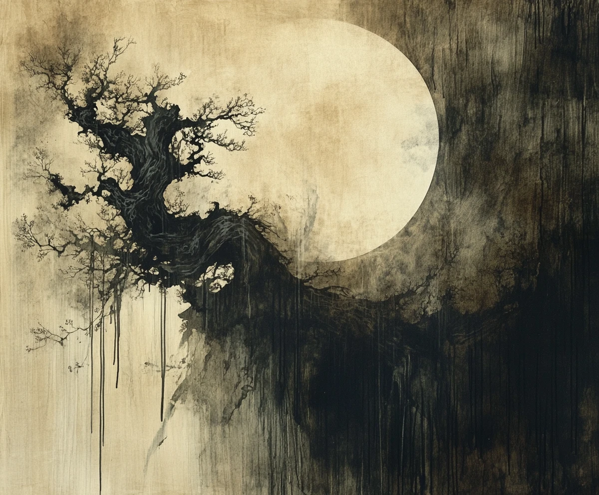 Sepia ink painting with atmospheric wash and quiet melancholy
