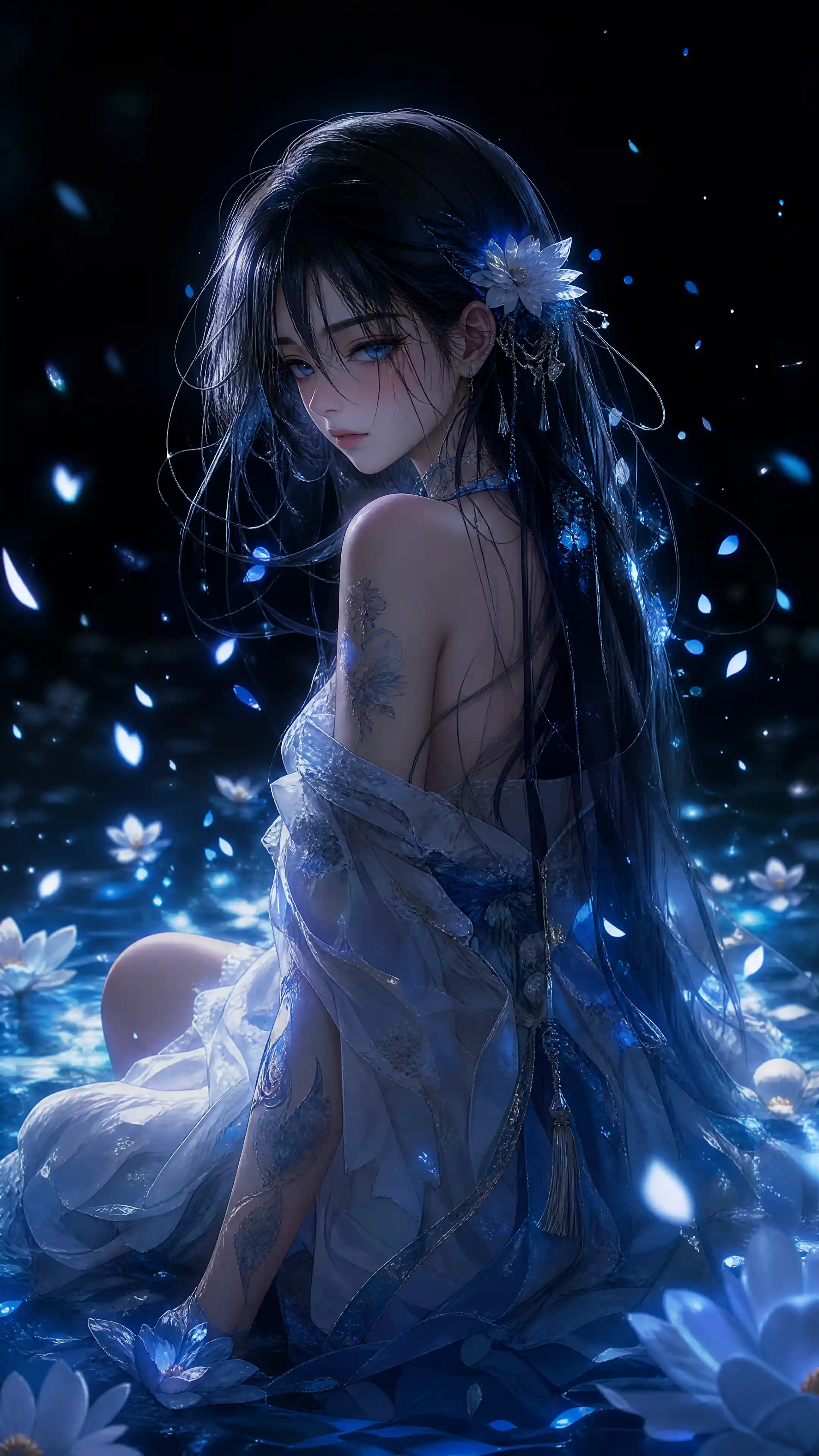 Blue haired anime girl in glowing floral water scene