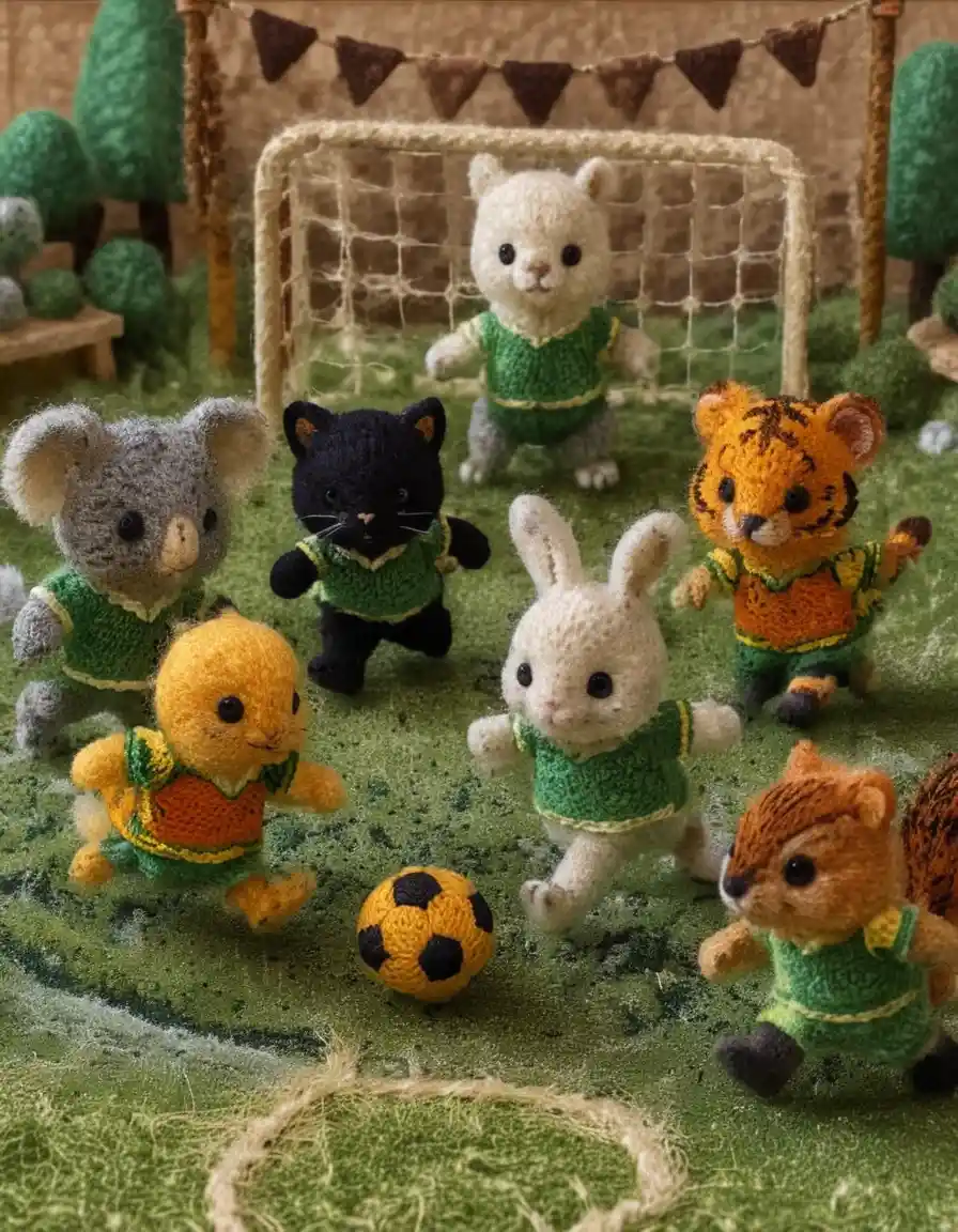 Baby wool animals playing soccer in a tiny field