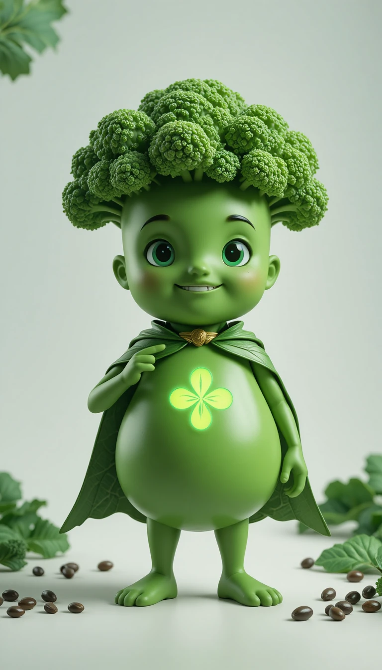 Cute green 3D guardian mascot with glowing chest emblem