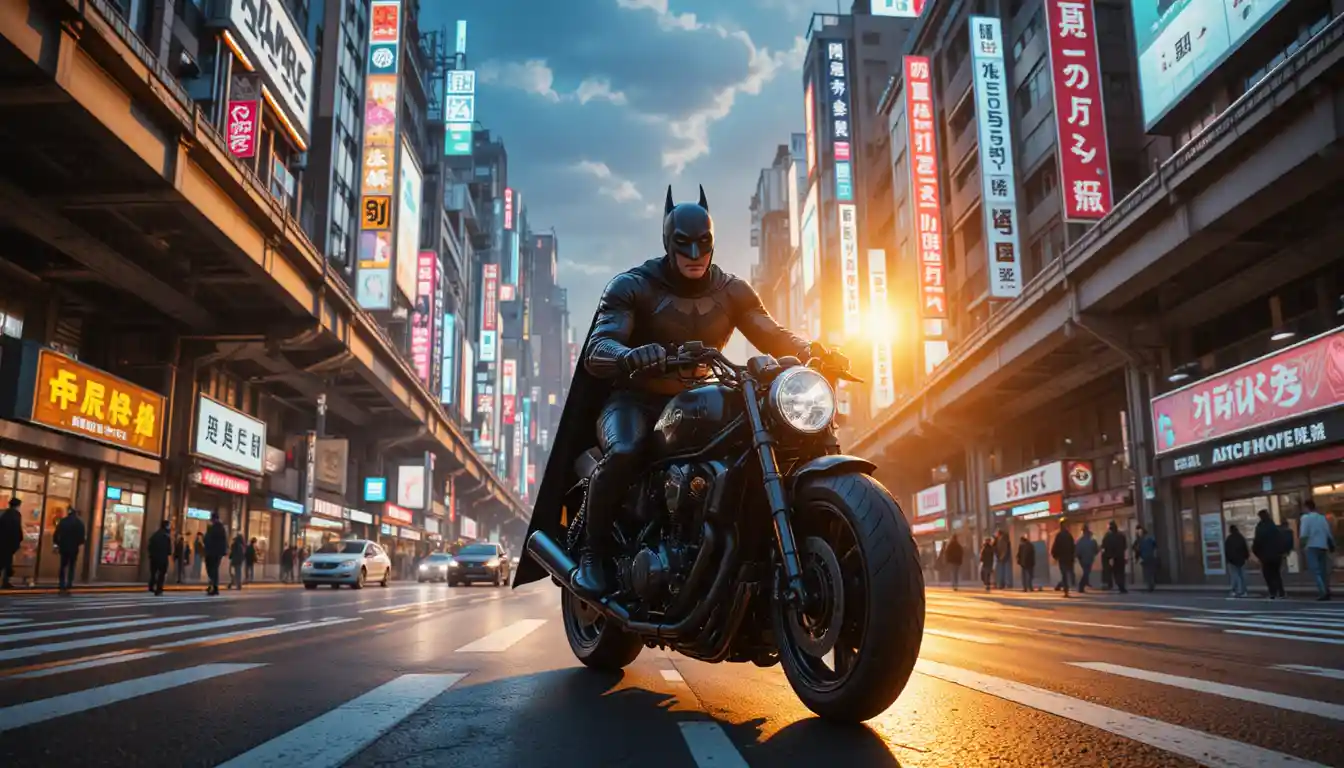Cyberpunk rider on motorcycle at dramatic golden hour