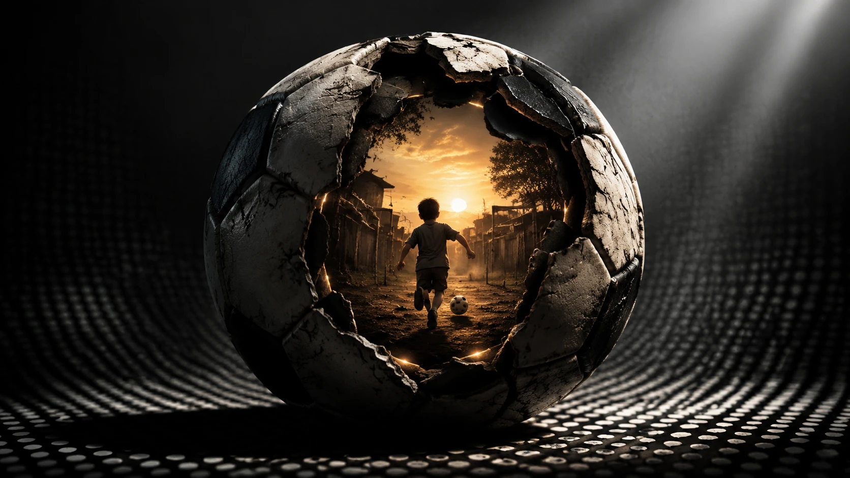 Cracked soccer ball revealing a surreal symbolic interior