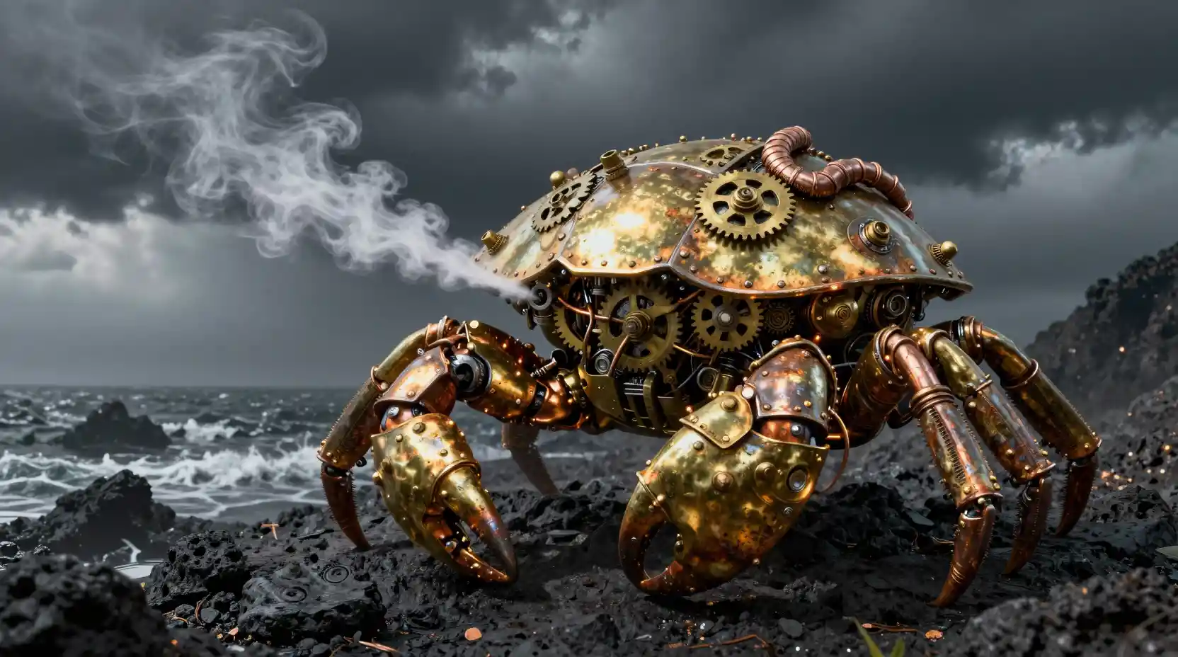 Steampunk mechanical crab on volcanic coastal rocks