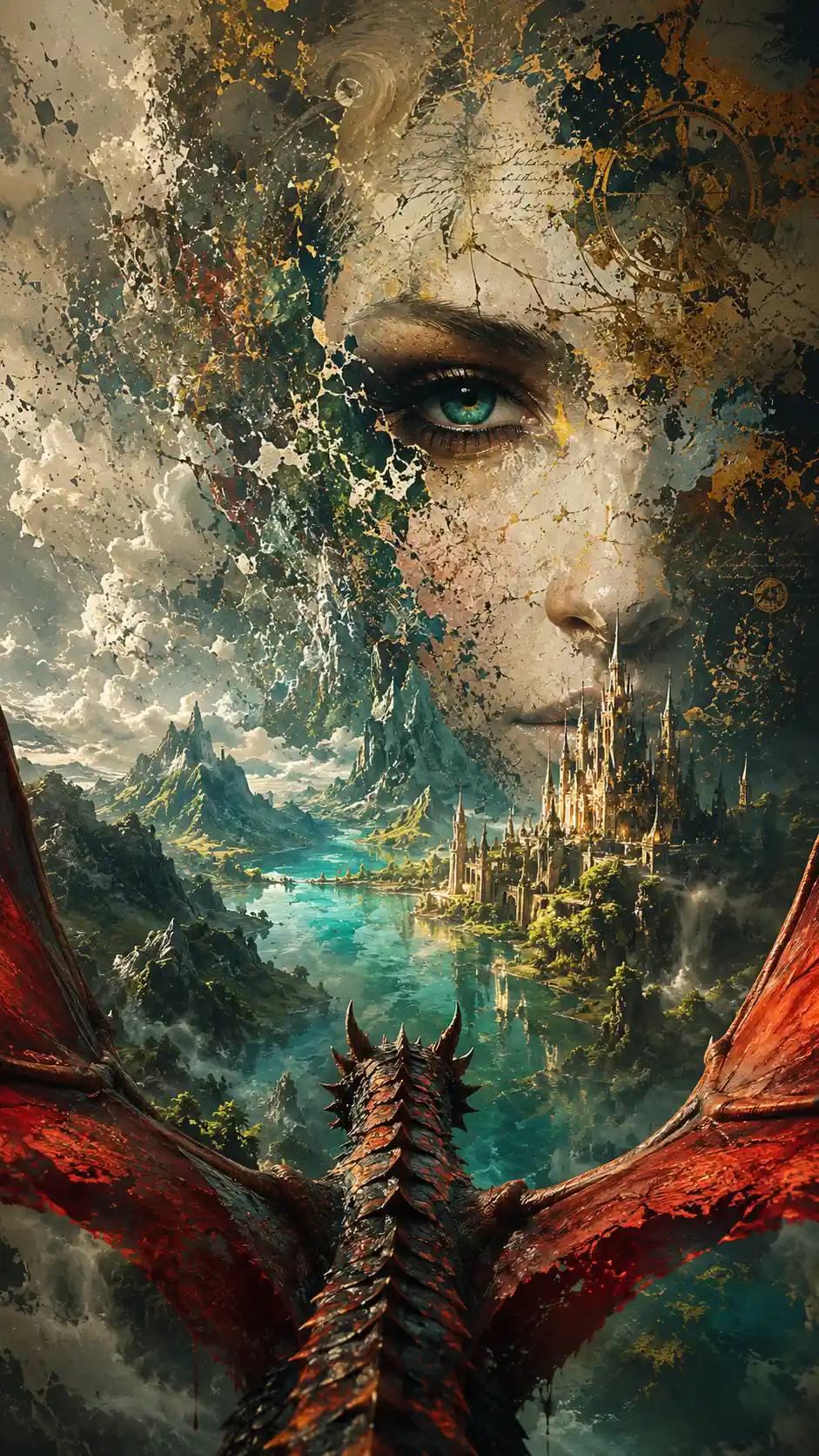 First person dragon flight over surreal fantasy landscape