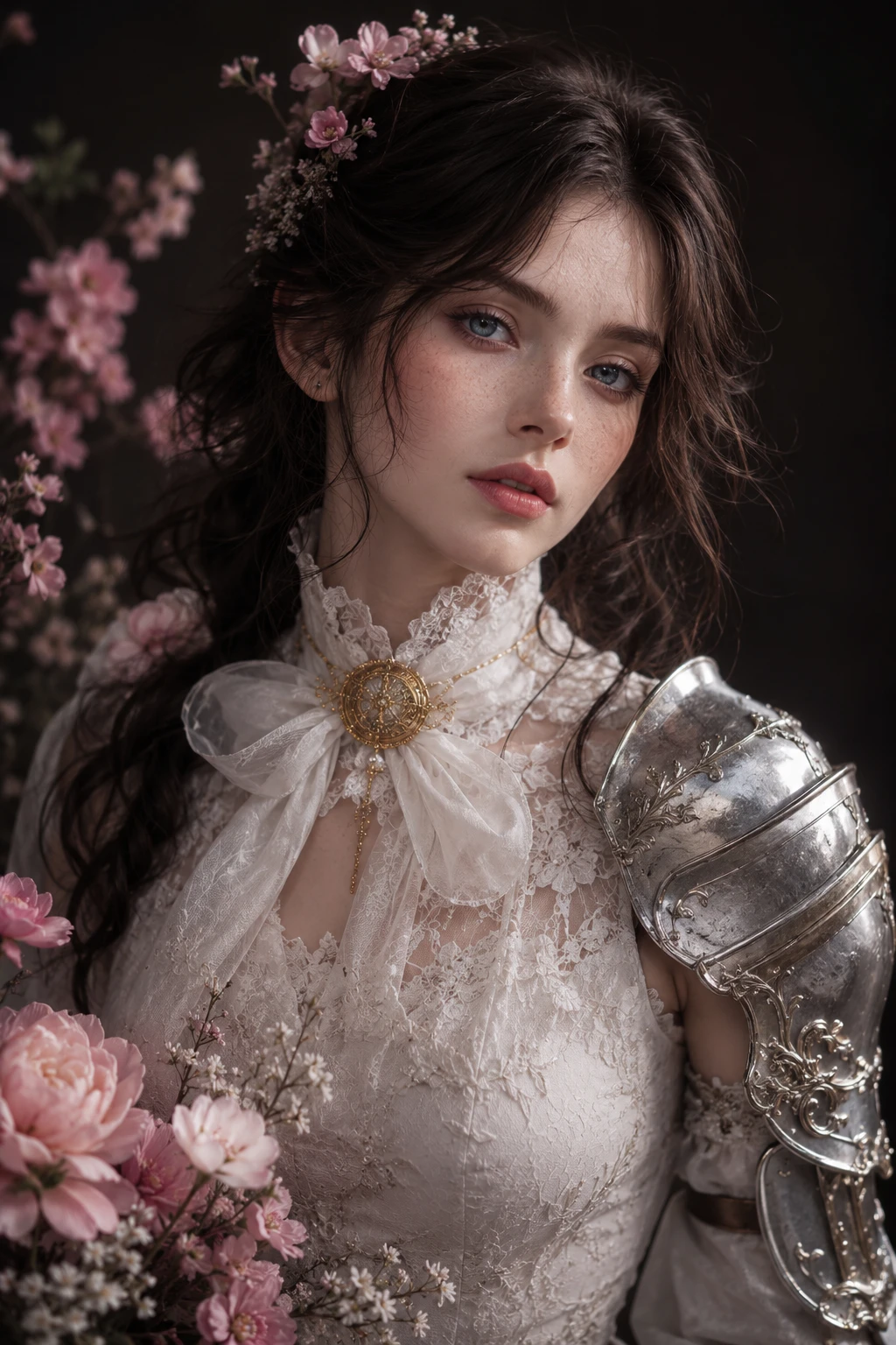 Young woman with freckles in lace dress and armor