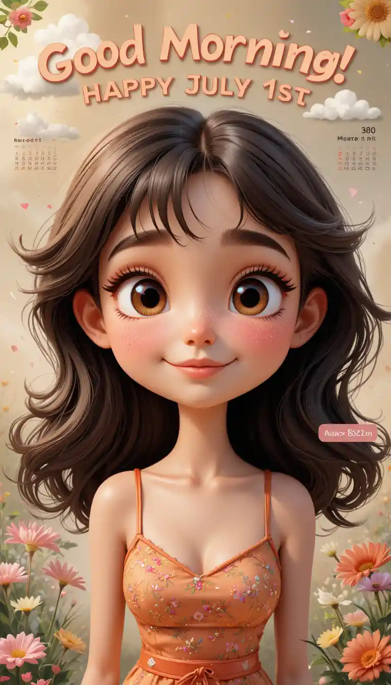 Cheerful cartoon girl greeting card for July summer morning