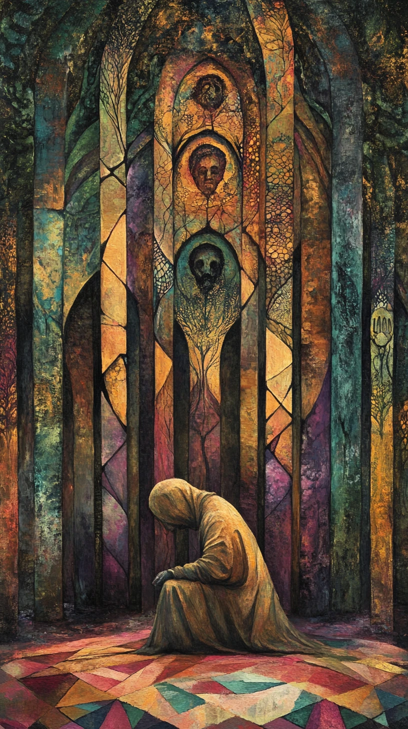 Mystical Guardian Kneeling Amid Towering Abstract Tree Columns