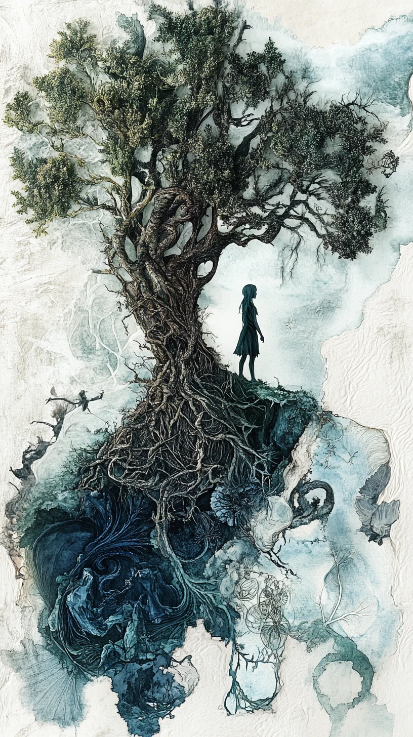 Elf beside an ancient tree of translucent botanical memories