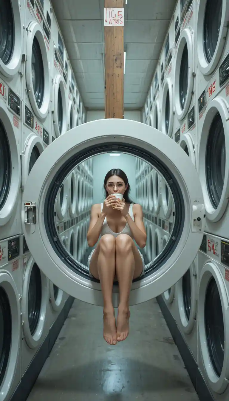 Woman eating noodles inside laundromat dryer drum