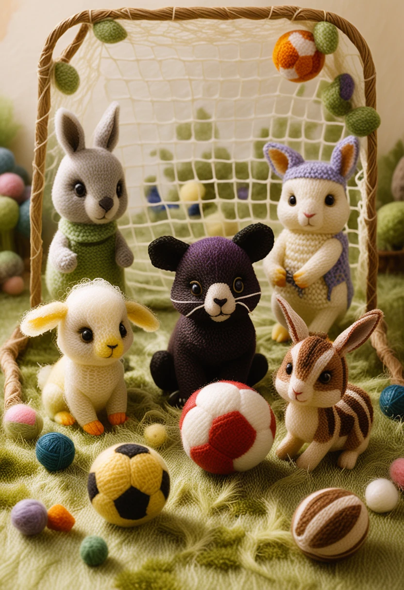 Knitted baby animals playing soccer on a tiny wool field