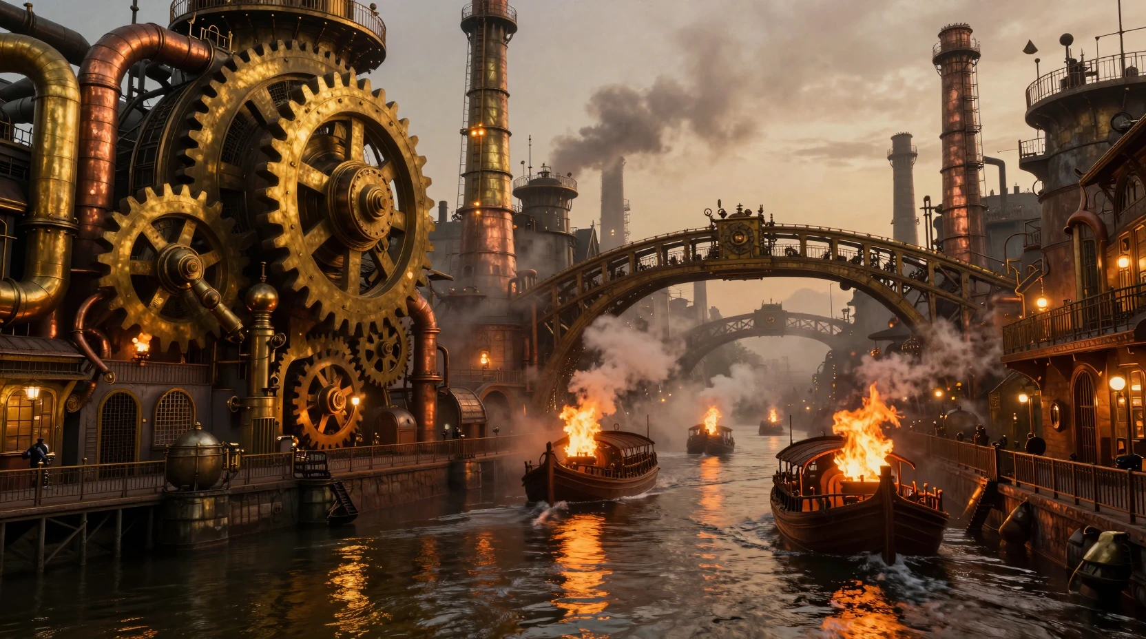 Steampunk canal city glowing at twilight with gears and smoke