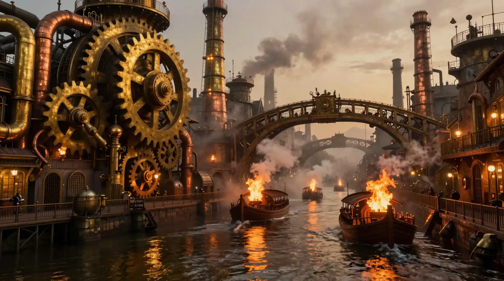 Steampunk canal city glowing at twilight with gears and smoke