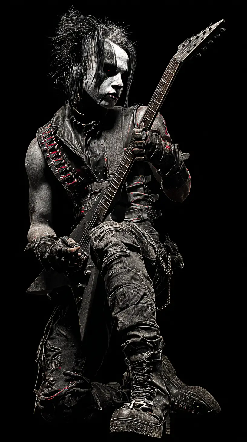 Intense rock guitarist under harsh spotlight on industrial stage