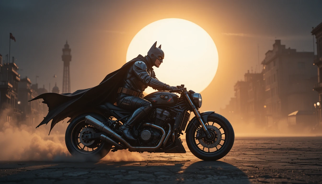 Cyberpunk rider on futuristic motorcycle at golden hour