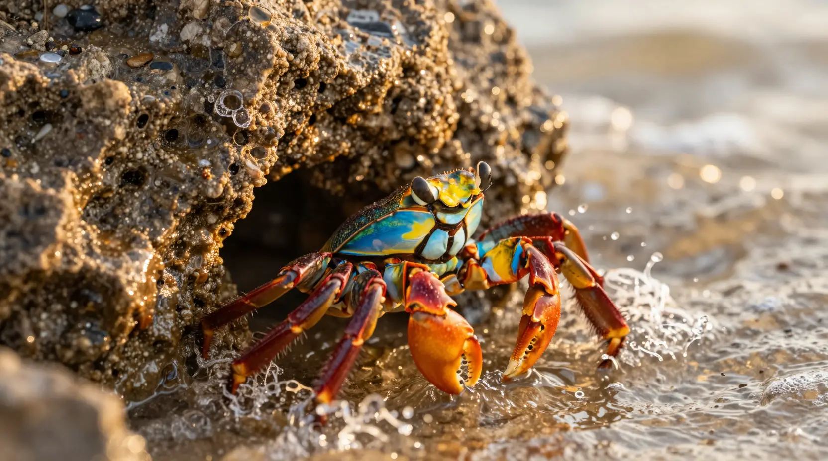 Bunter Winkerkrabbe am felsigen Gezeitenstrand bei Sonnenuntergang